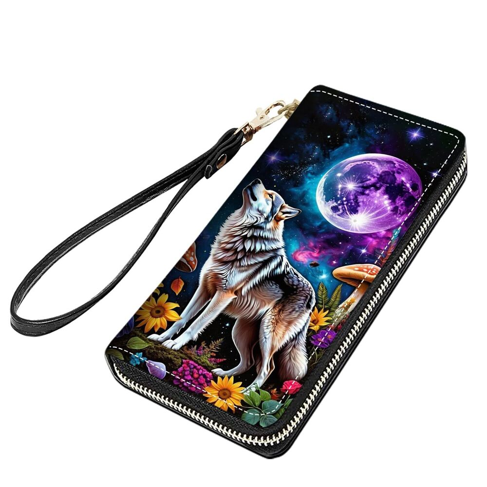 6344 Wolf Under The Moon Print Large Capacity PU Leather Zip Around Wallet
